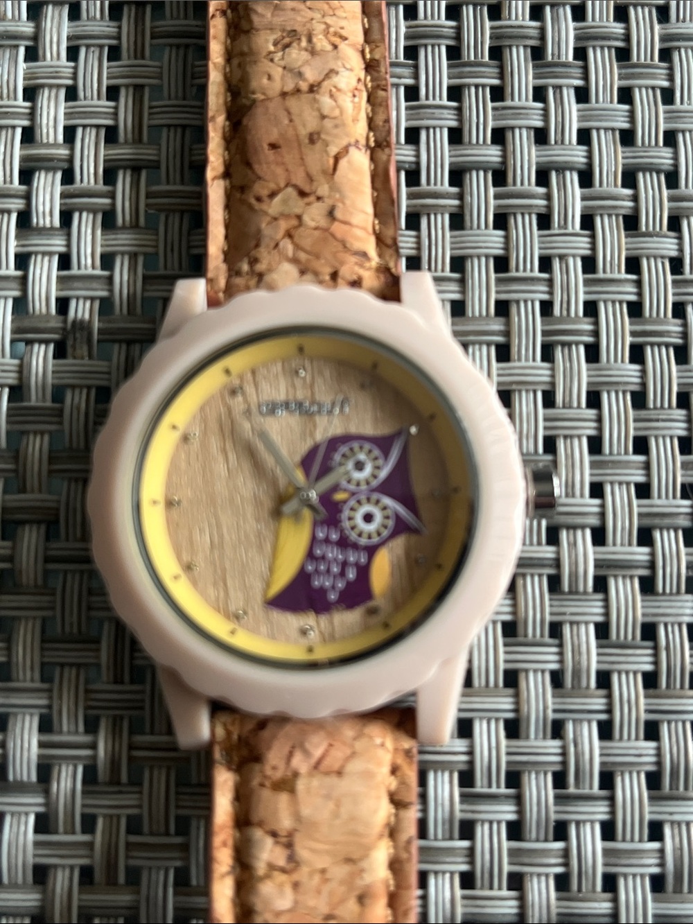 Owl Dial Watch with Cork Strap - Purple & Yellow Accents